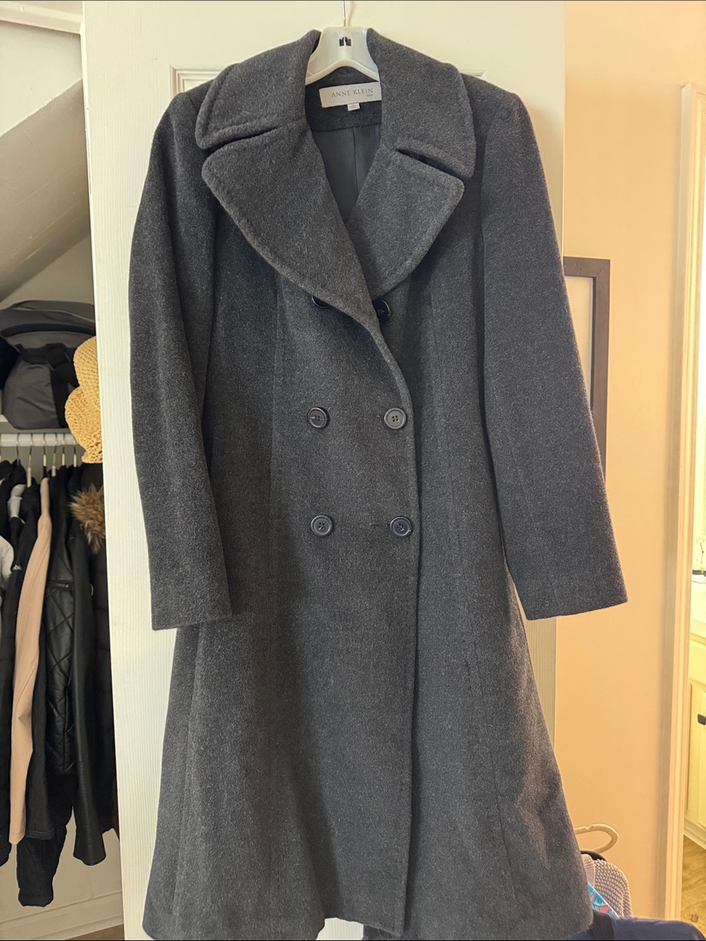 Anne Klein Charcoal Gray Double-Breasted Wool-Blend Pea Coat